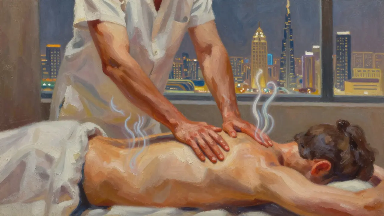 Abstract artistic rendering of flowing body movements during a massage, with Dubai’s skyline glowing softly in the background.