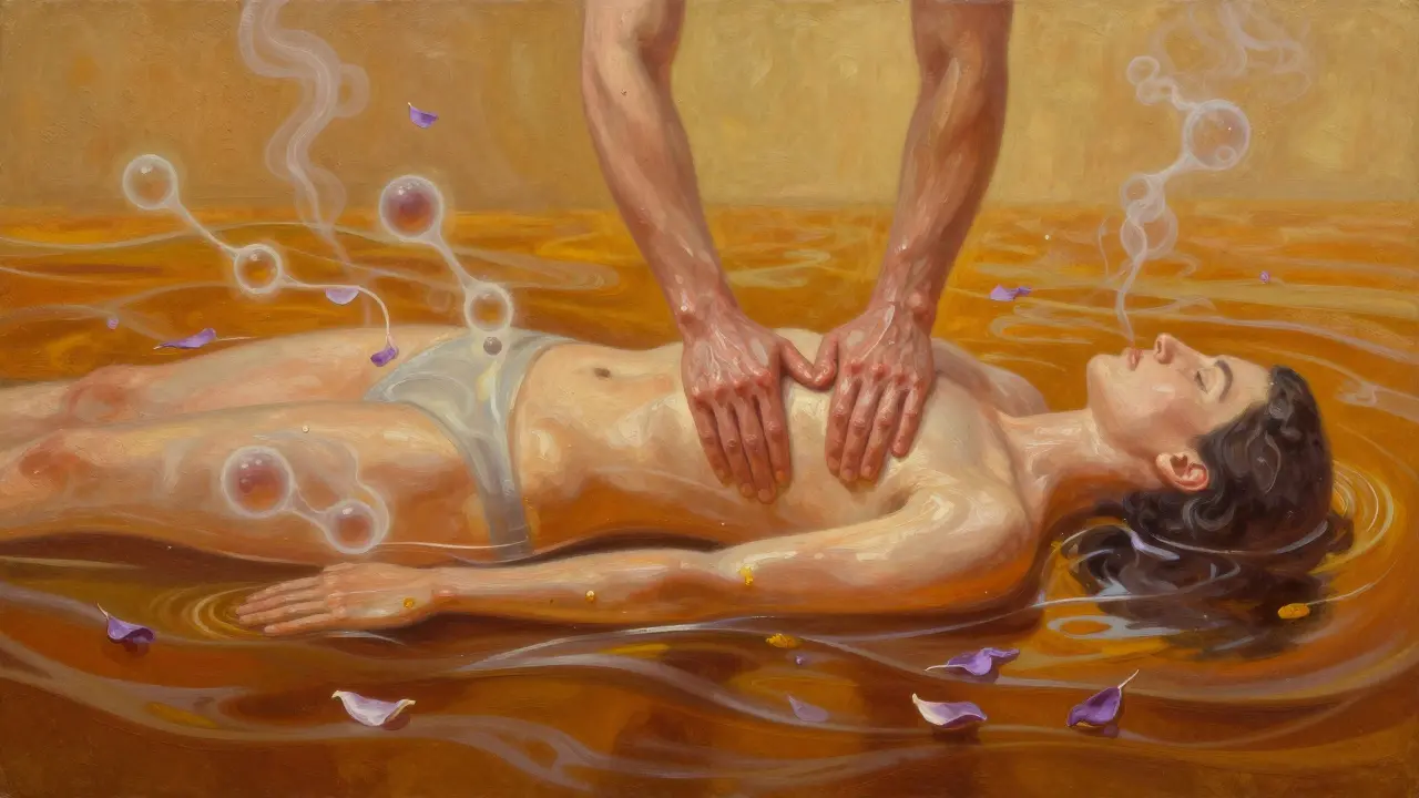 An abstract representation of soothing oil movements and dissolving stress symbols in warm tones.