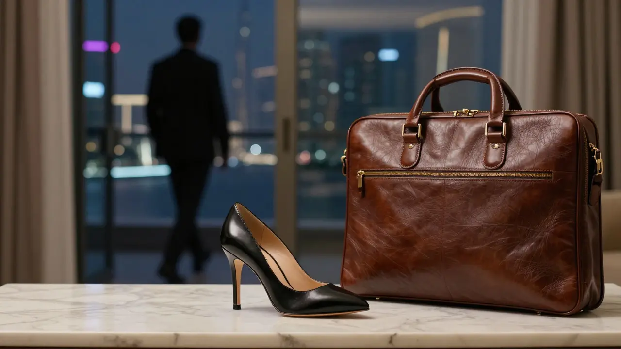 An elegant high-heeled shoe and briefcase on marble, symbolizing discreet and respectful companionship in Dubai.