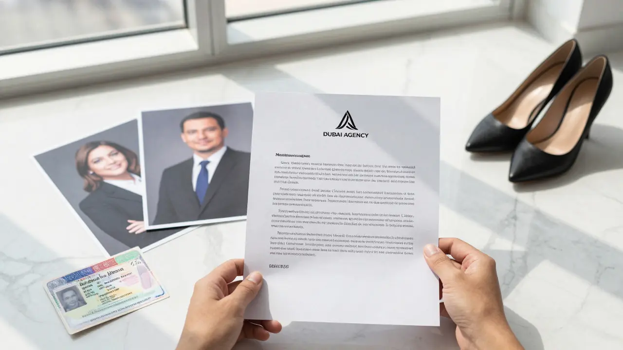 Contract, portfolio photos, and visa stamp on marble floor with sunlight streaming in.