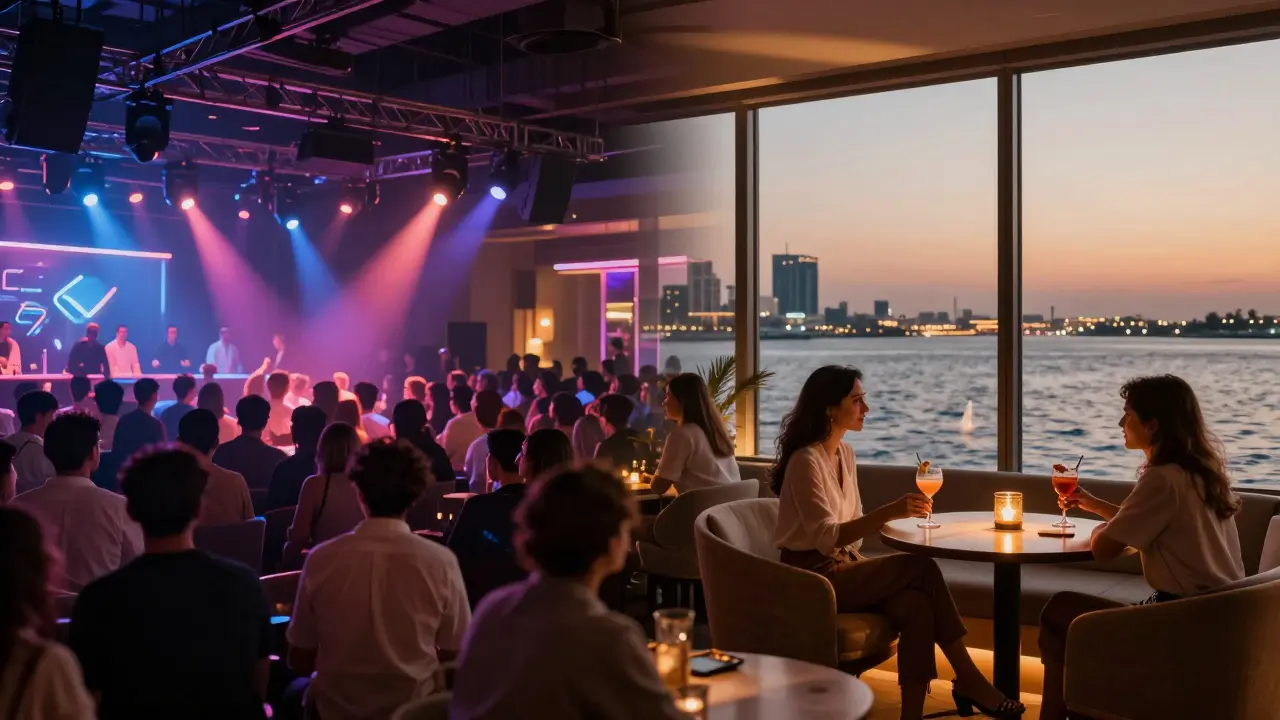 Contrasting scenes: energetic club on left, calm lounge on right, both with Dubai city lights.