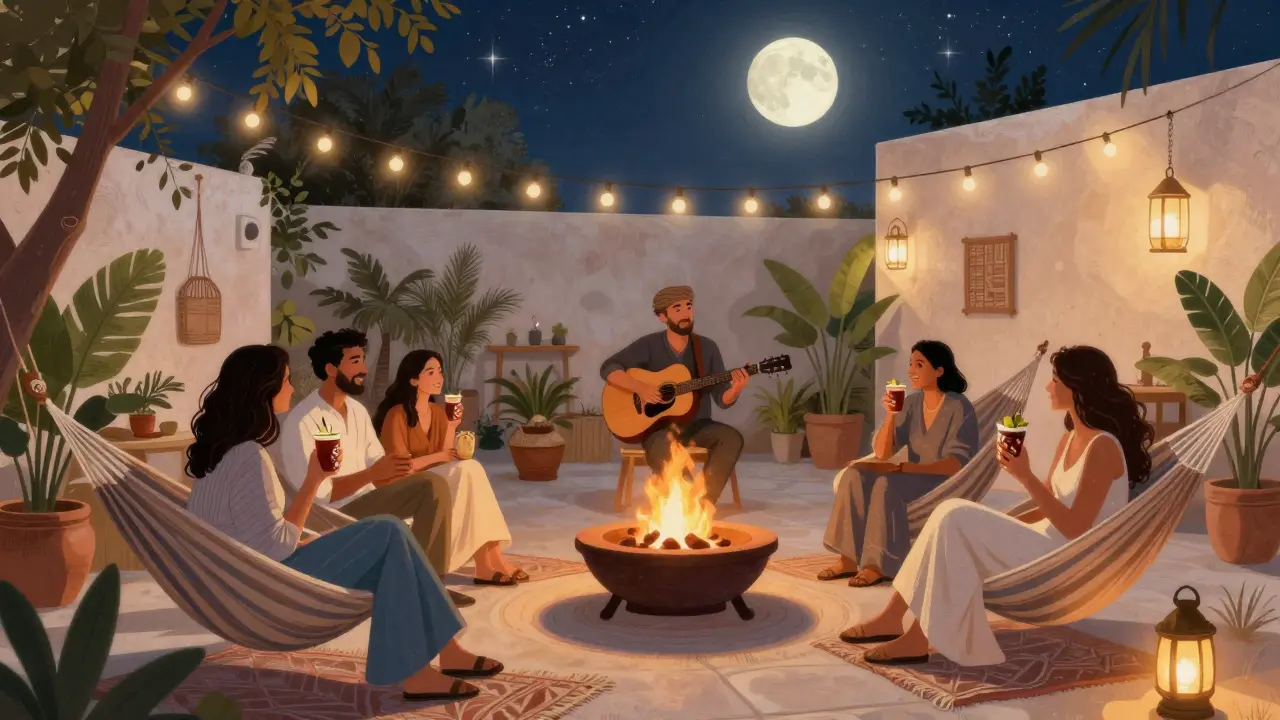 Cozy hidden courtyard with hammocks, fire pits, and acoustic music under string lights.