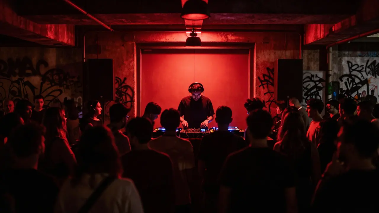 Crowd dancing in a dim underground club, industrial walls, red lighting, DJ at decks hidden in shadow.