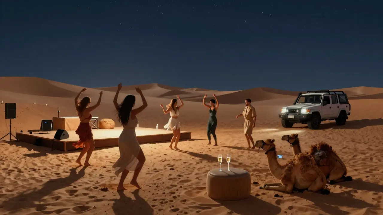 Desert party under stars with people dancing on sand, wooden stage, and 4x4 parked nearby.