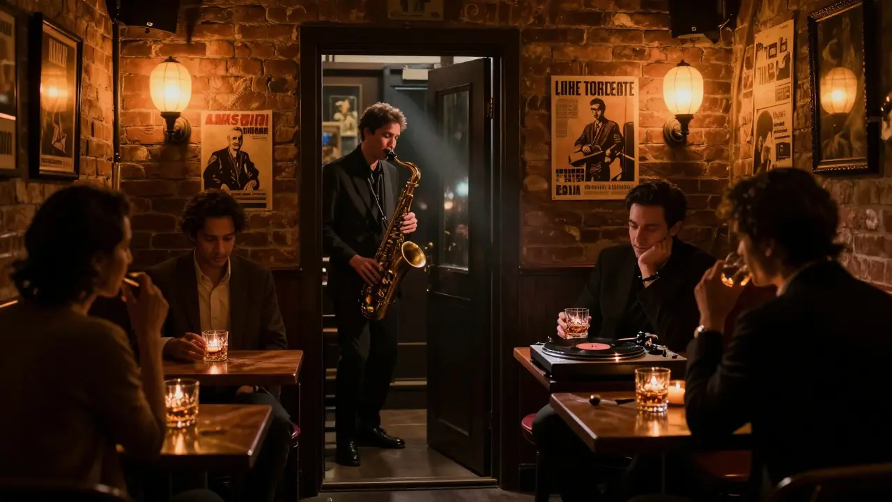 Dimly lit underground jazz lounge with patrons listening to a saxophonist in intimate setting.