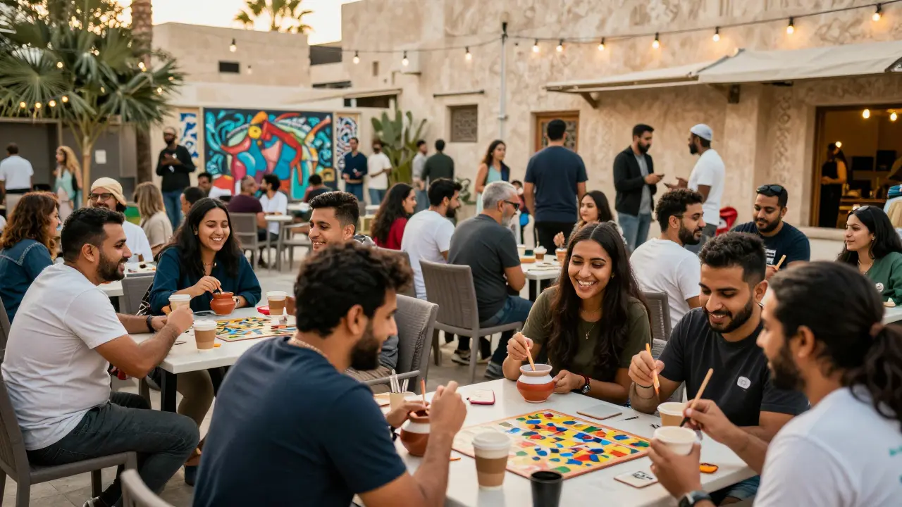 Diverse expats socialize at a lively community event in Dubai, sharing coffee and laughter in a creative neighborhood.