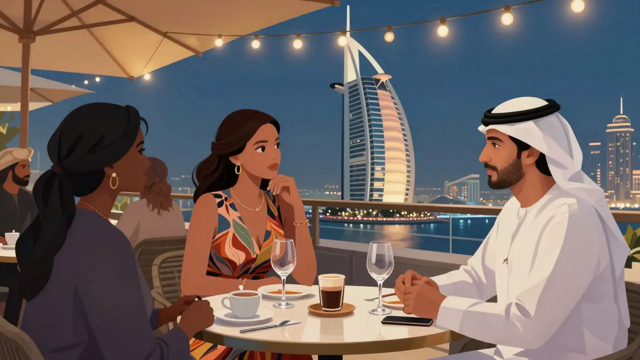 Diverse guests enjoying conversation at a rooftop restaurant in Dubai with the Burj Al Arab in the background.
