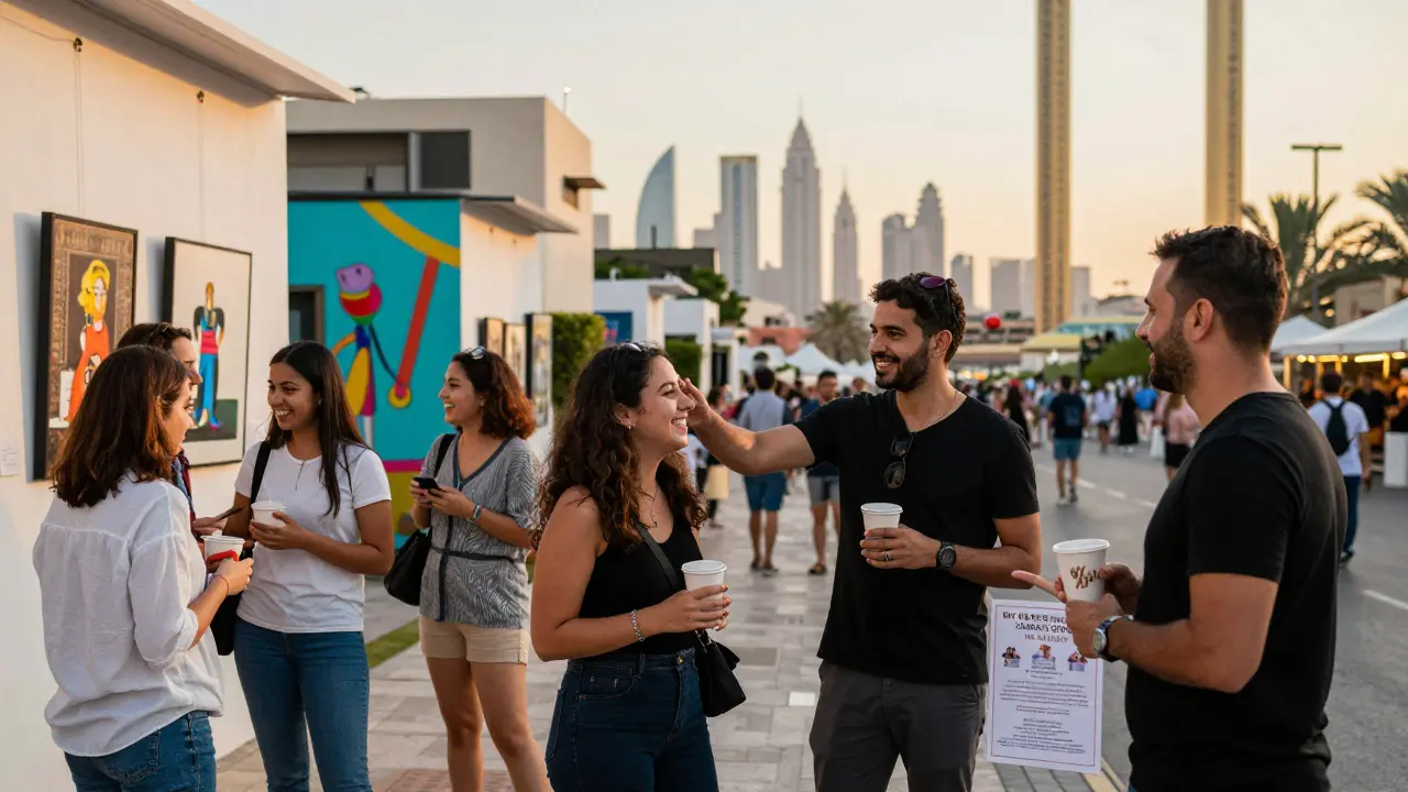 Diverse people socializing at Alserkal Avenue, enjoying coffee and art under golden evening light.