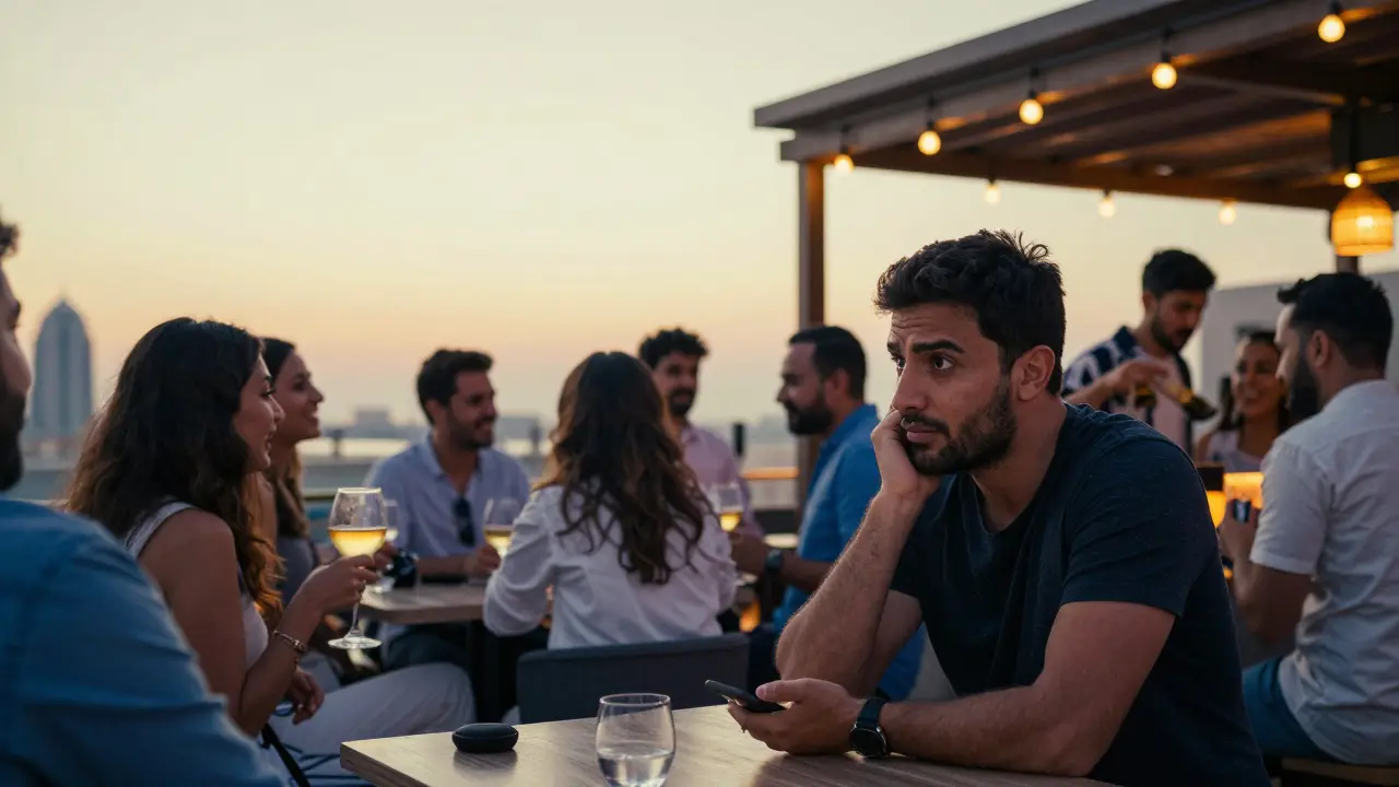 Expats laughing at a Dubai rooftop bar, one man looking thoughtfully away from his phone.
