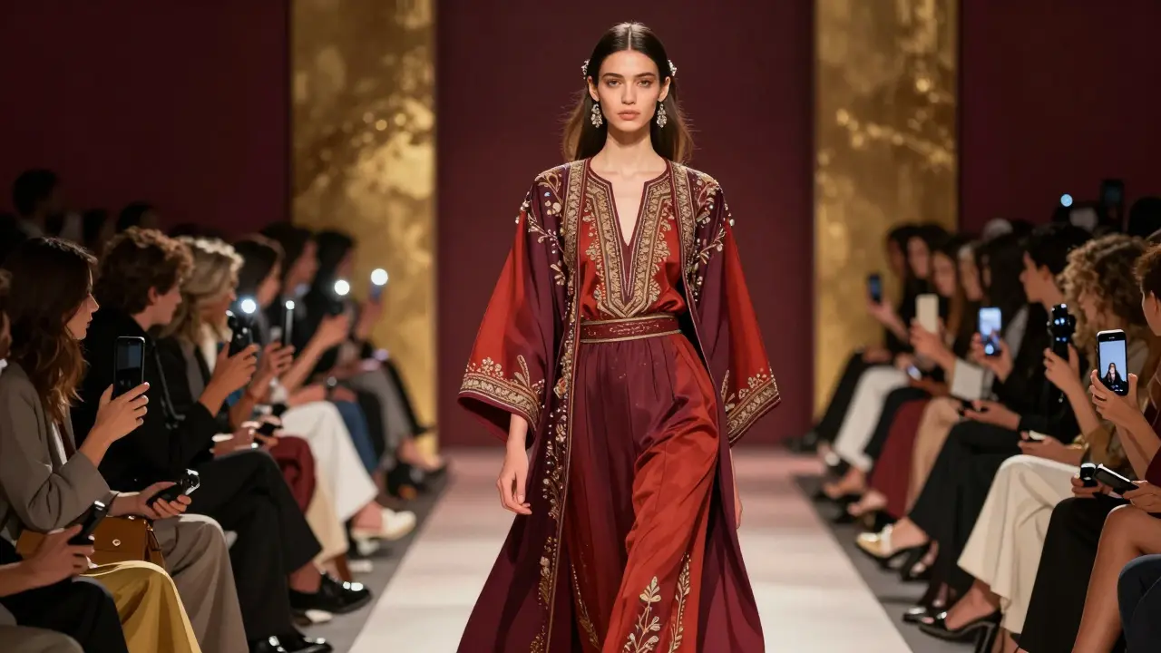 Model walking a modest fashion runway at Dubai Fashion Week under dramatic lights.