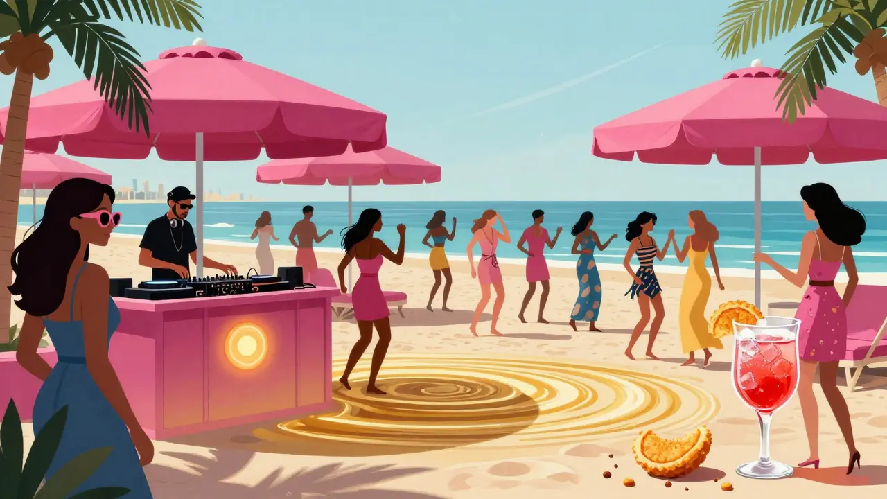Nikki Beach Dubai with pink umbrellas, DJ booth, and stylish guests dancing near the water at mid-afternoon.