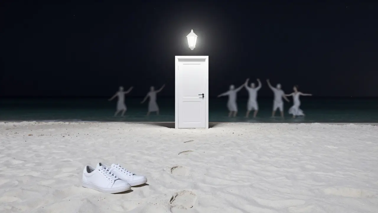 Pristine white sneakers on sand leading to a glowing lantern above a hidden door at a private beach event.