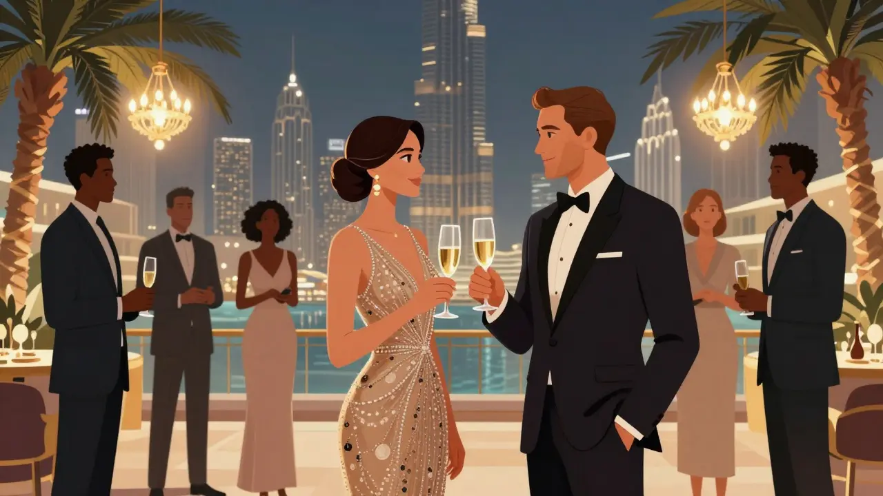 Professional couple at a Dubai gala, exchanging polite smiles amid elegant surroundings.