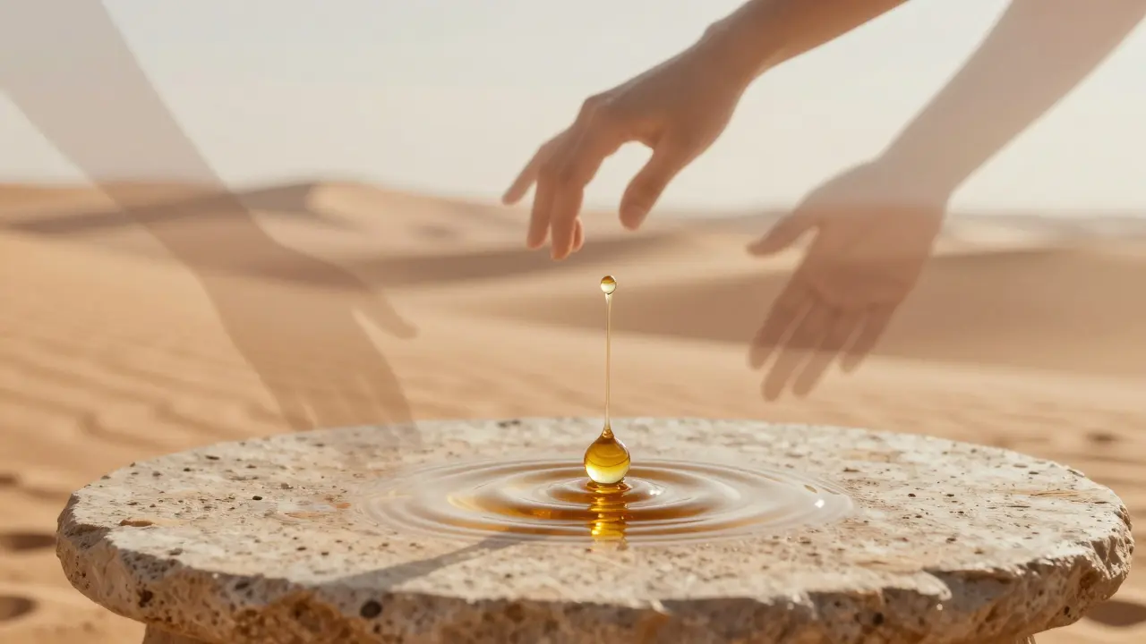 Slow-motion drop of warm oil rippling on stone, surrounded by translucent silhouettes of therapeutic body movements against desert sands.