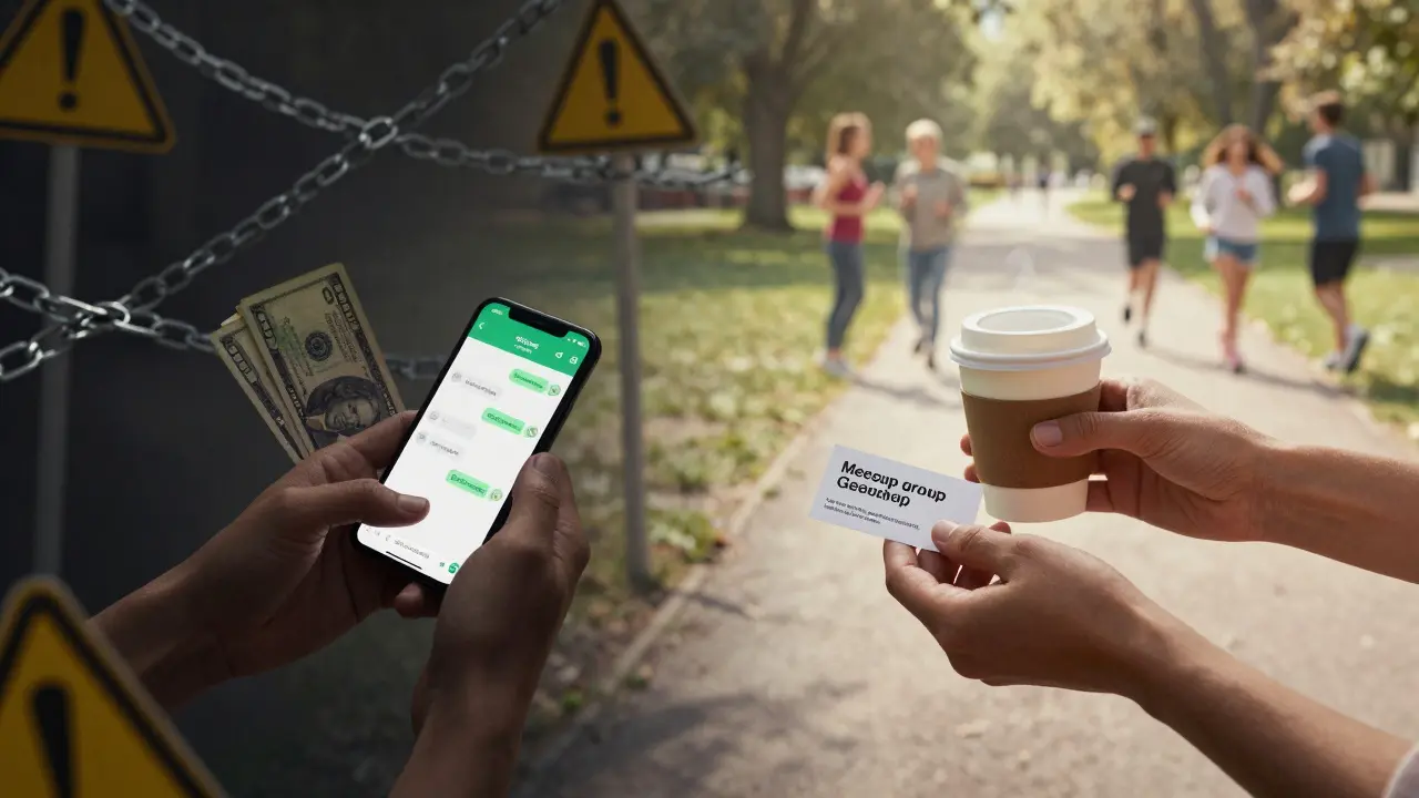 Split image: dark scam symbols vs. warm human connections like coffee and meetup cards.