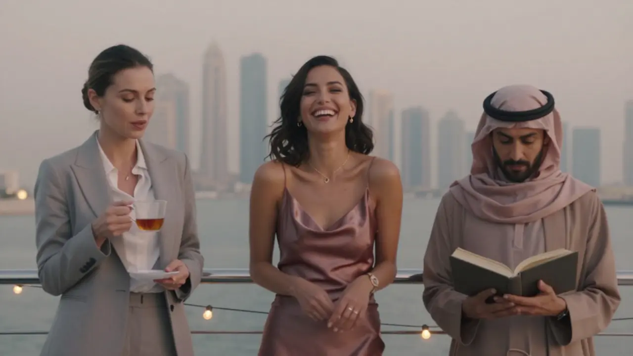 Three different types of companions represented in a dreamy, softly focused scene against Dubai's city skyline.