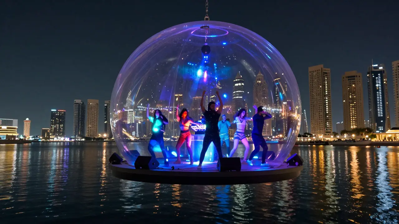 Transparent bubble venue floating over Dubai Marina with dancers and DJs illuminated by UV lights.