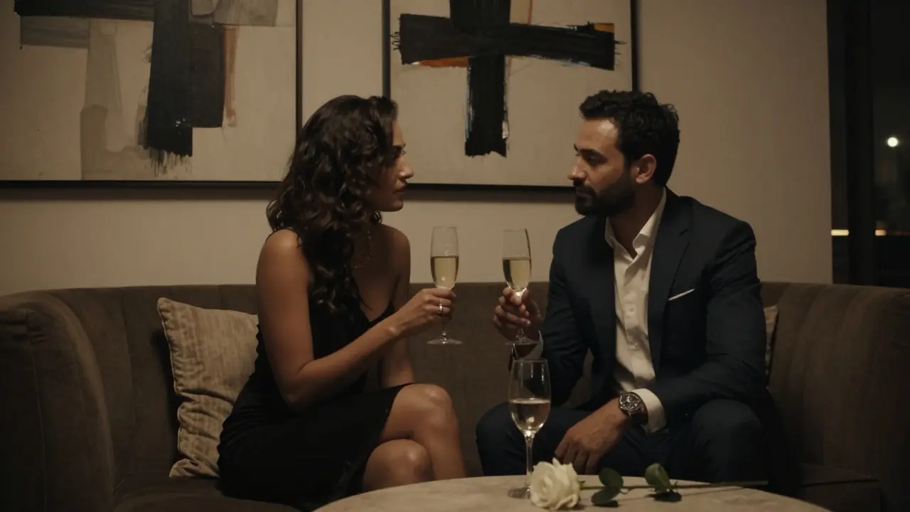 Two elegant individuals in a private lounge, sharing champagne and quiet connection at night.