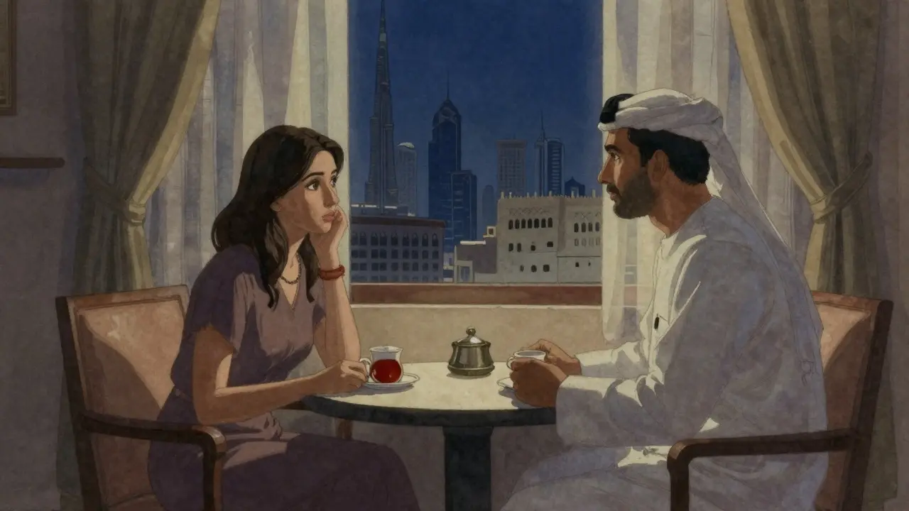 Two people sitting quietly in a dim hotel room, sharing tea and conversation without physical contact.