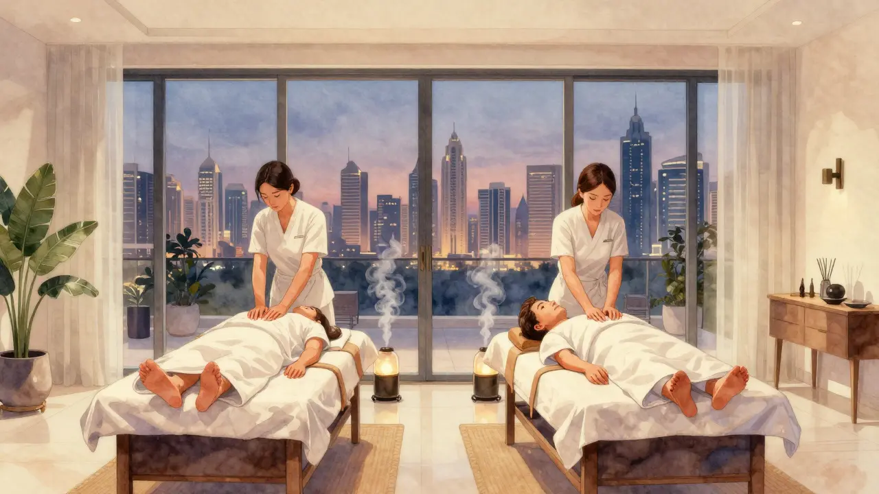 Two therapists give simultaneous massages to a couple in a modern Dubai villa, warm lighting and skyline visible through windows.