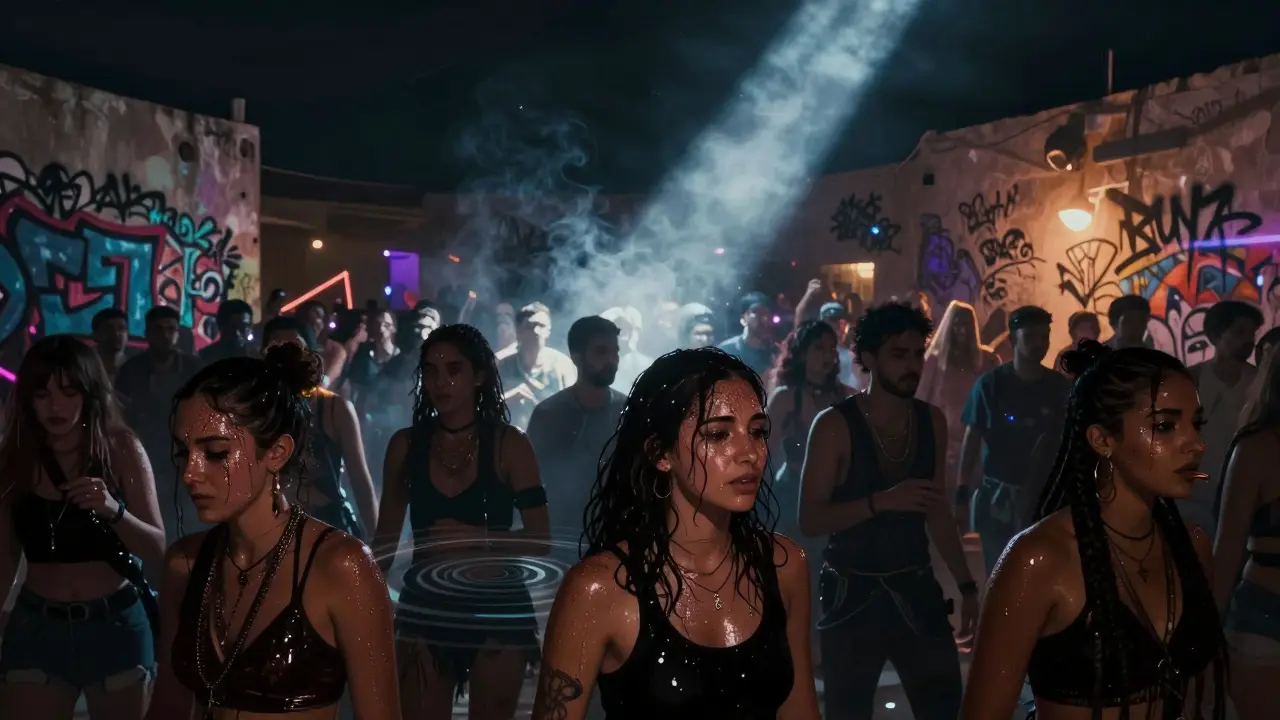 Underground rave in Al Quoz with strobe lights and crowd dancing in smoky, dimly lit warehouse.