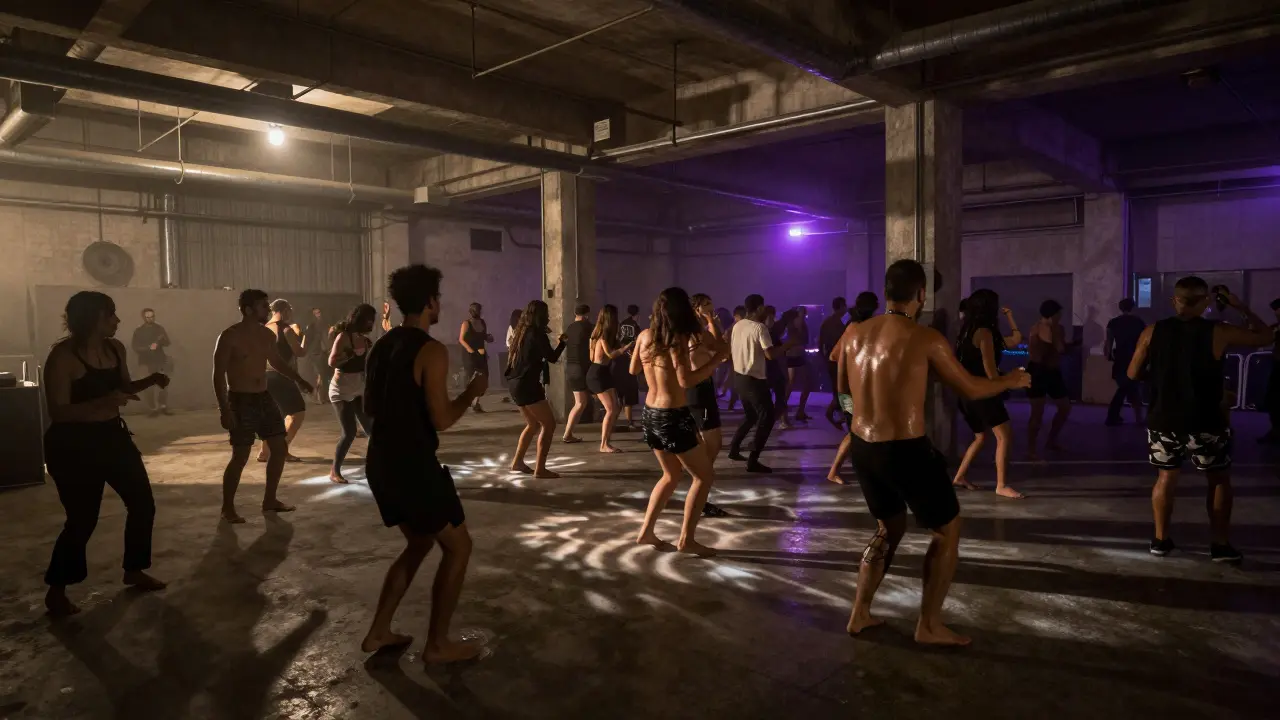 Underground warehouse rave at Alchemist with dancers under pulsing lights, no phones allowed.