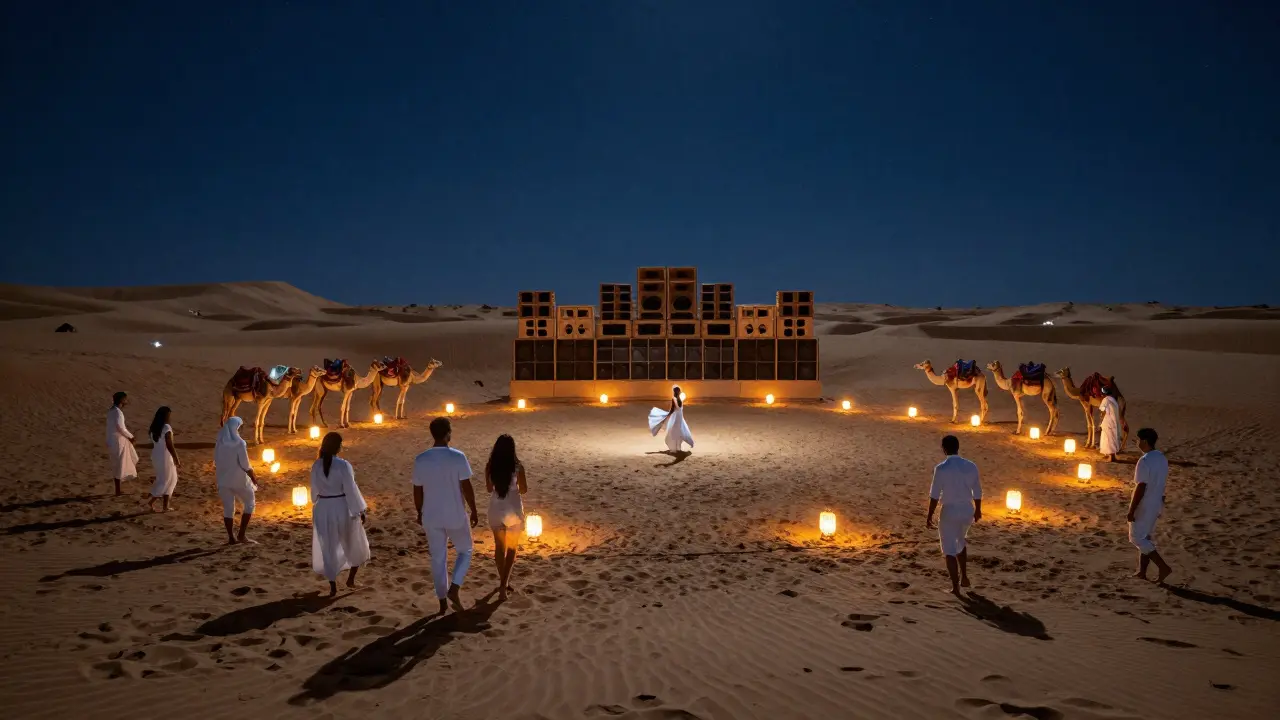 White-clad figures walking through desert dunes at night toward lantern-lit sound system under starry sky.