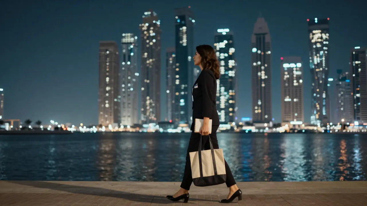 Woman walking alone along Dubai Marina at night, city lights reflecting on water.