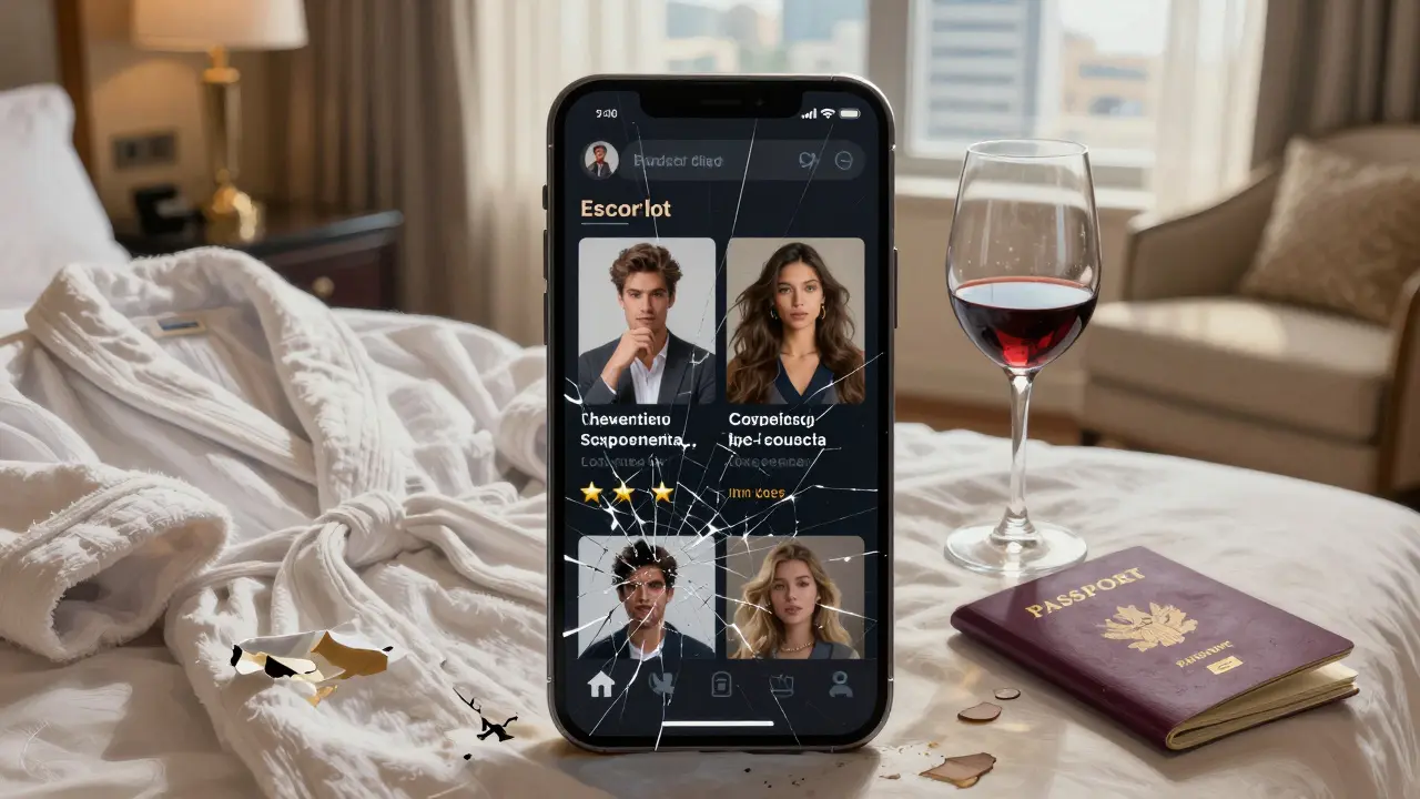 A cracked phone screen showing fake ads over a luxury hotel room with spa robe and passport.