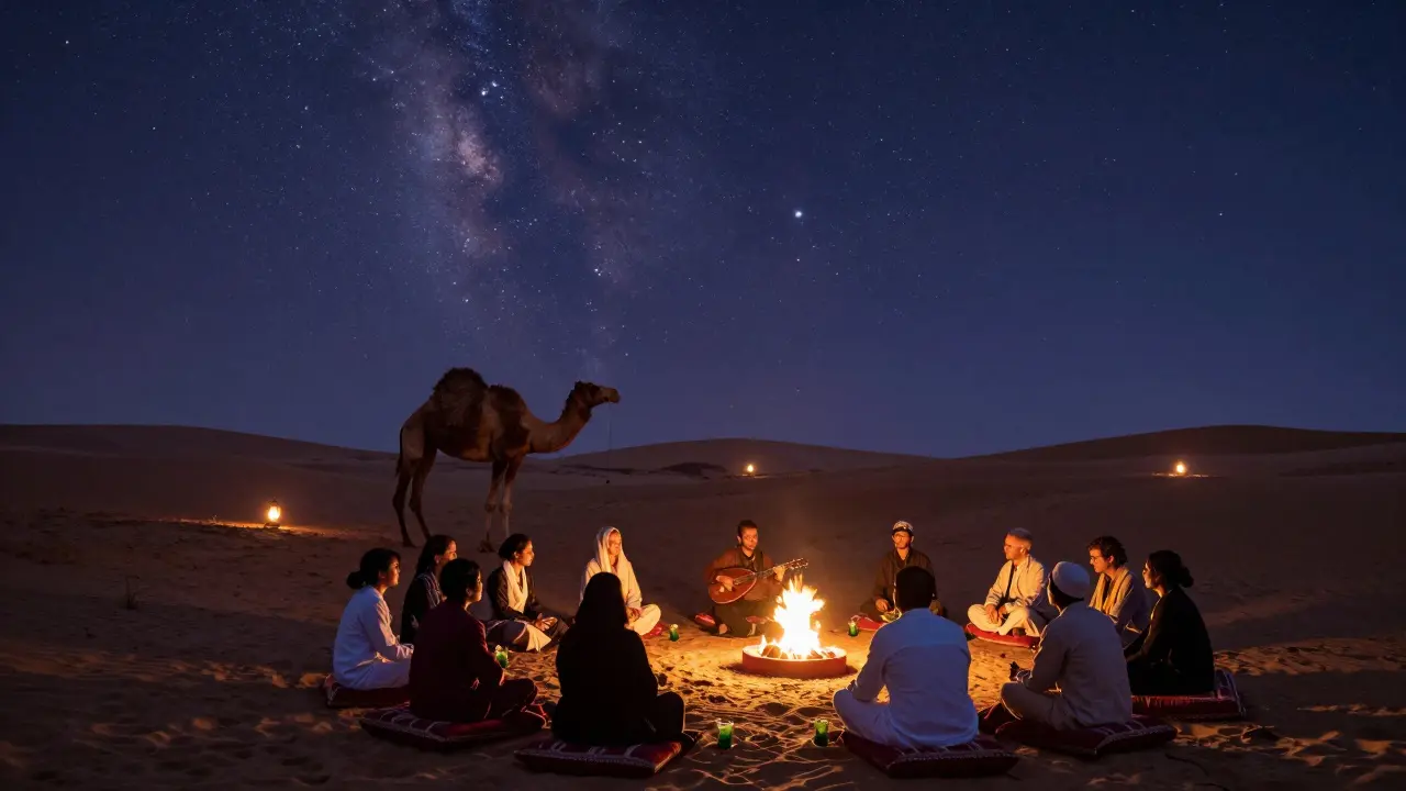 A desert camp under a starry sky with a singer performing oud music by a fire.