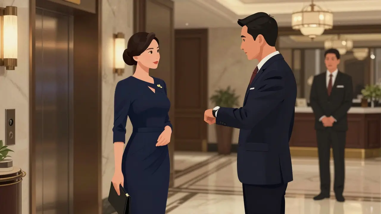 A discreet meeting in a luxury Dubai hotel lobby, with a professional companion and client in elegant attire.