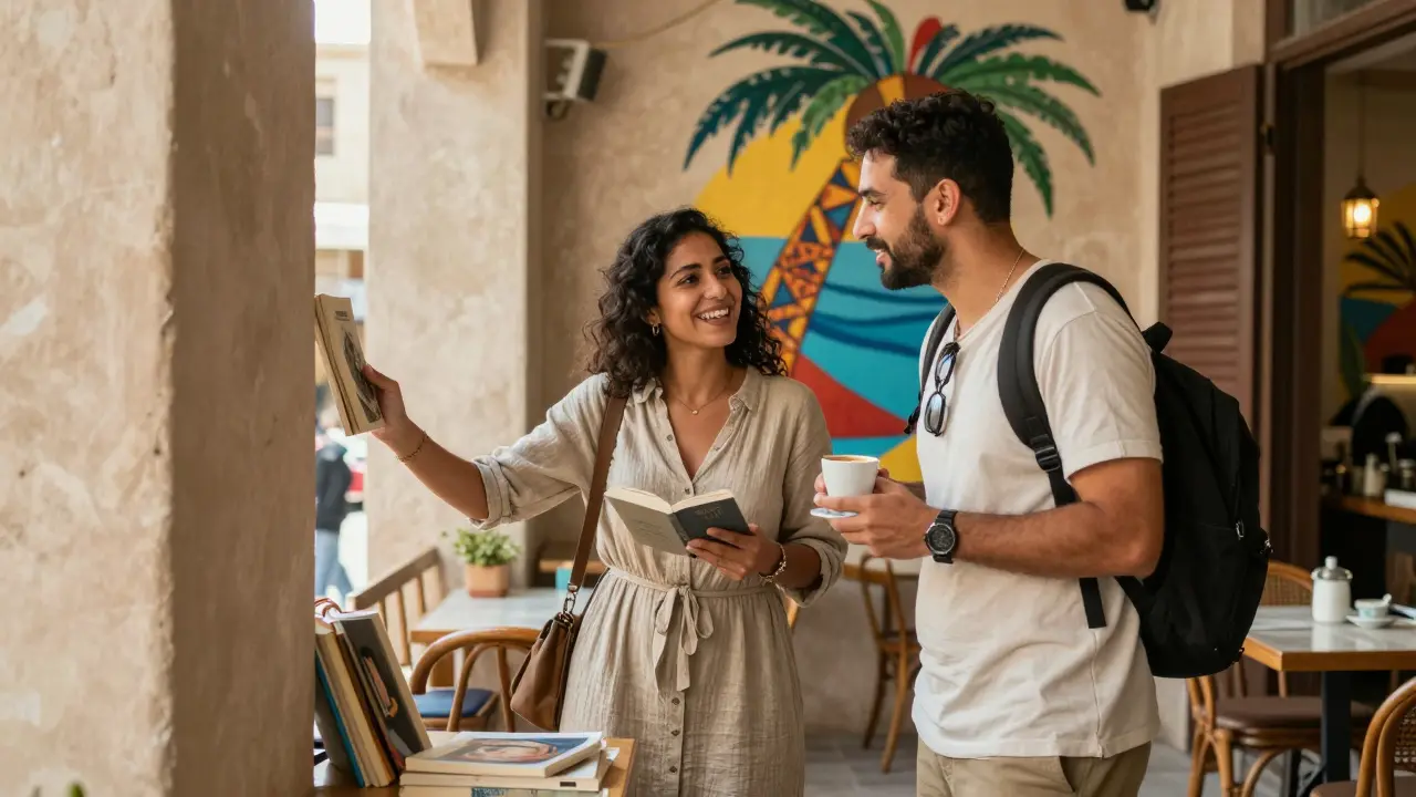 A female companion guiding a traveler through a local Dubai café, exploring art and culture amidst vibrant street murals and natural light.
