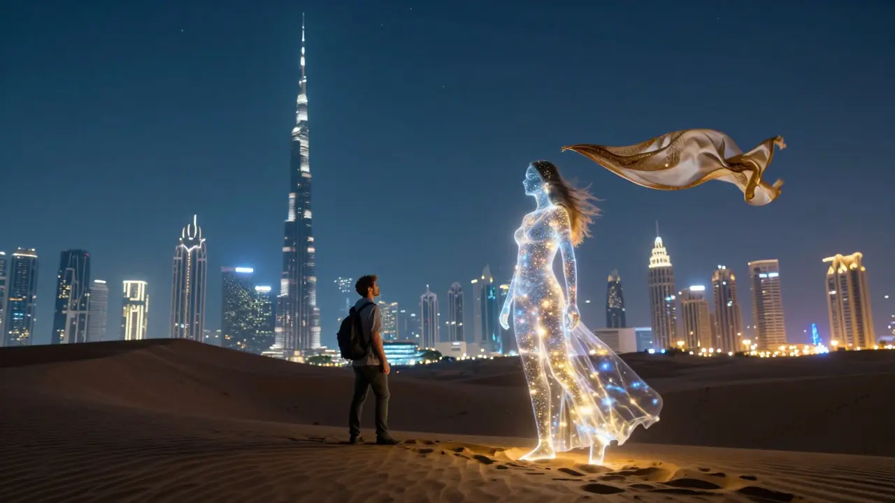 A luminous figure made of city lights stands beside a traveler on a desert dune under Dubai's night sky.