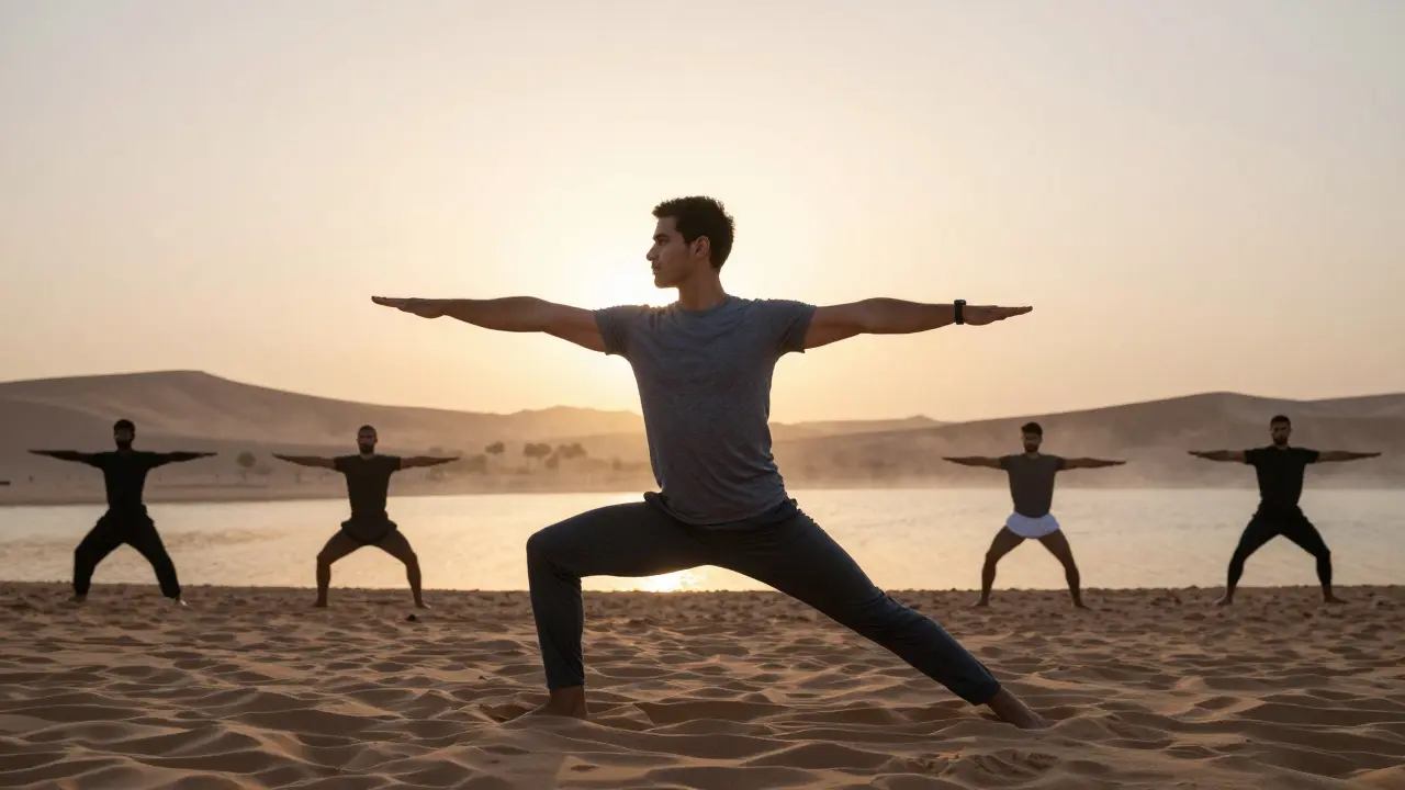 A man in Armani loungewear doing yoga at dawn by desert lakes, silhouettes of martial artists in the background, mist rising.