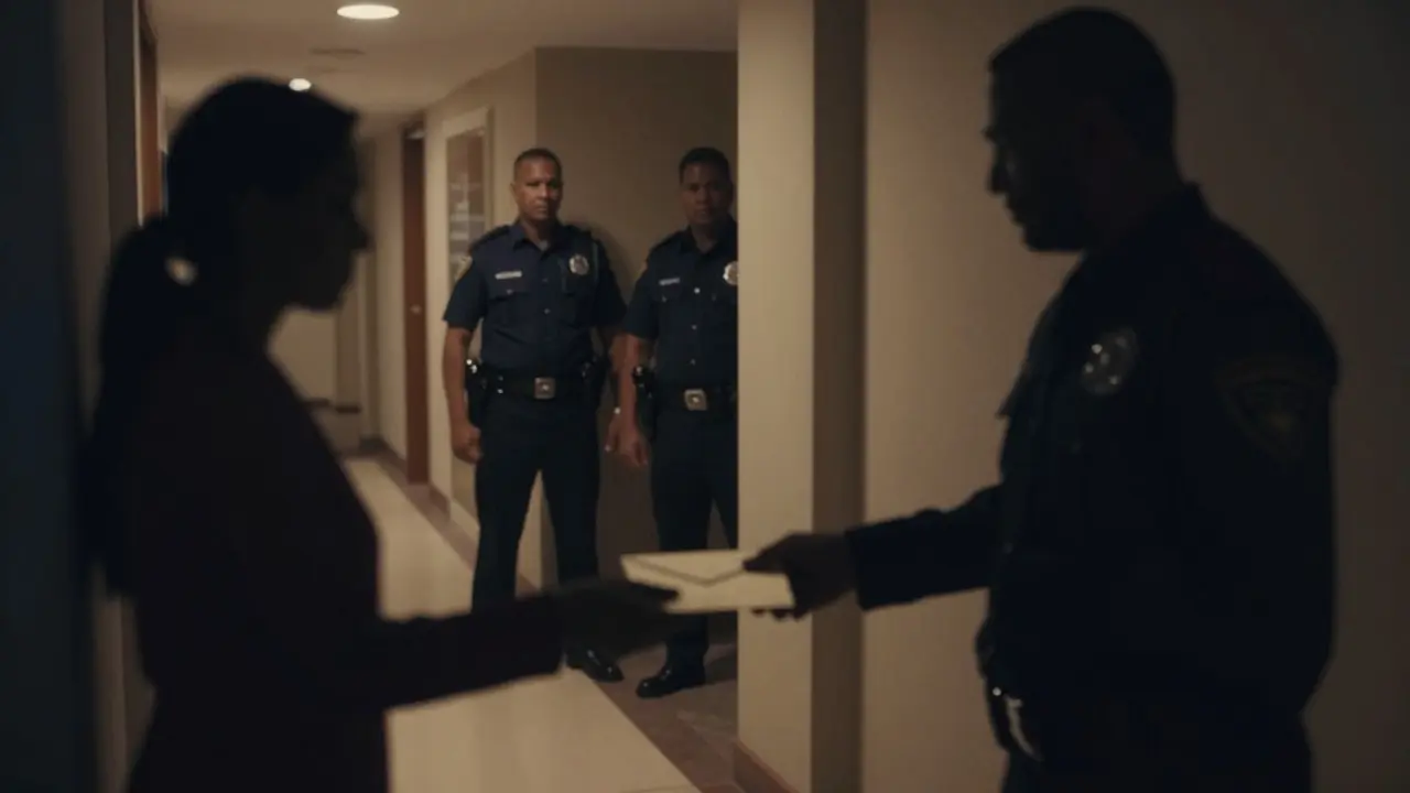 A shadowy transaction in a hotel hallway as police approach, tension in the air.