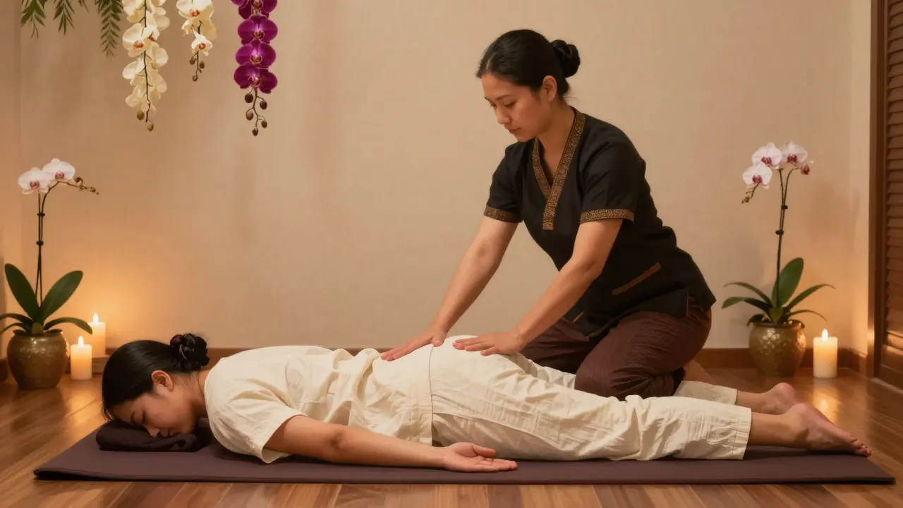 A Thai massage therapist applying pressure and stretches to a client on a mat in a cozy wellness center.