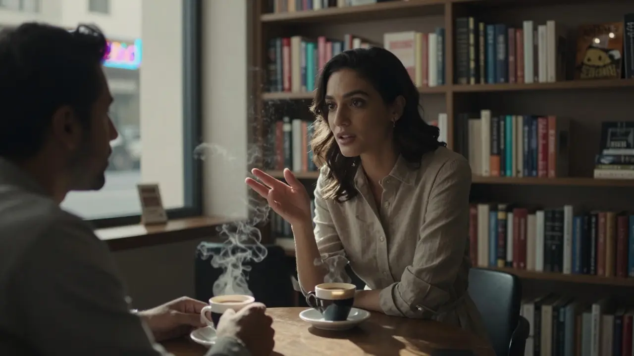 A woman and man talking over coffee in a quiet book café in Alserkal Avenue, Dubai.