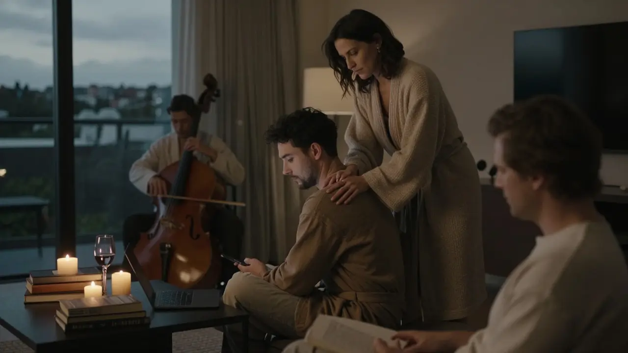 A woman giving a gentle massage to a man in a private apartment, candles lit, atmosphere of emotional connection and comfort.