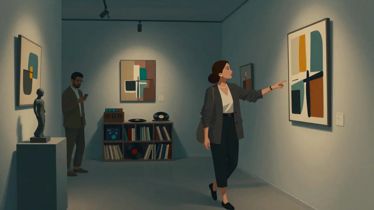 A woman guiding a client through an art gallery in Alserkal Avenue, soft lights highlighting contemporary pieces.