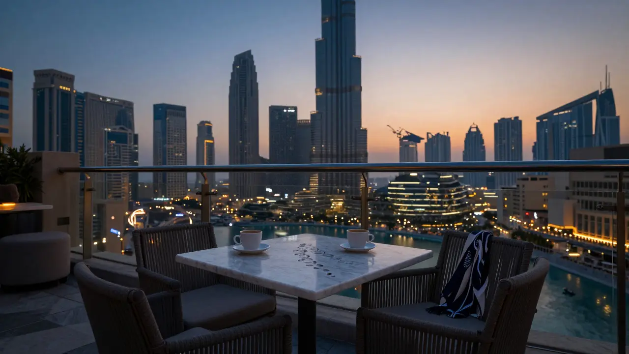An empty rooftop lounge in Dubai at dusk, with two chairs and coffee cups, hinting at a quiet, unspoken connection.