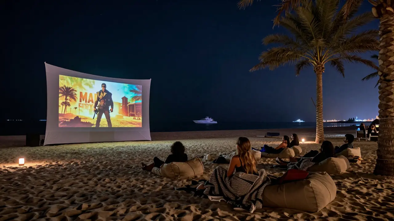 Audience watching a movie projected on the sand at a Dubai beach club, wrapped in blankets under a starry night sky.