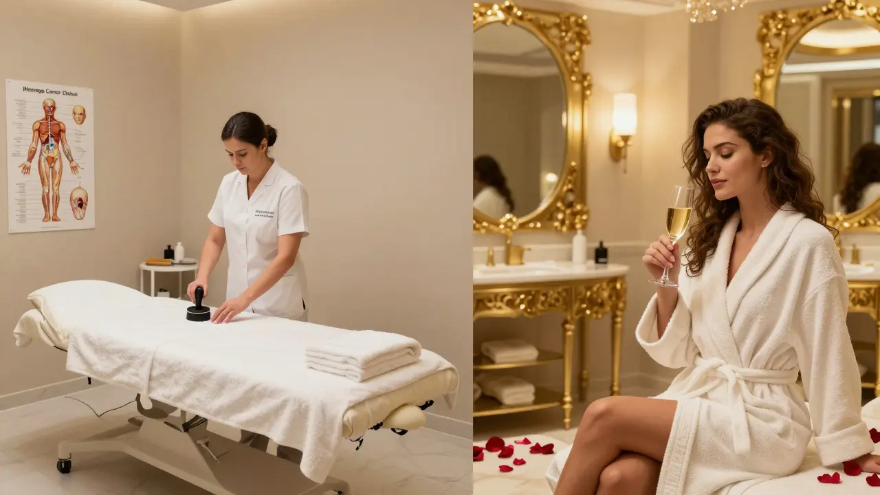 Contrasting scene: clinical massage center with professional tools versus luxury hotel spa with gold decor and champagne.