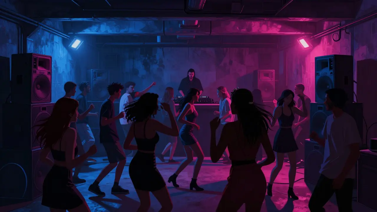 Crowd dancing in a dimly lit warehouse party with neon lights and concrete walls