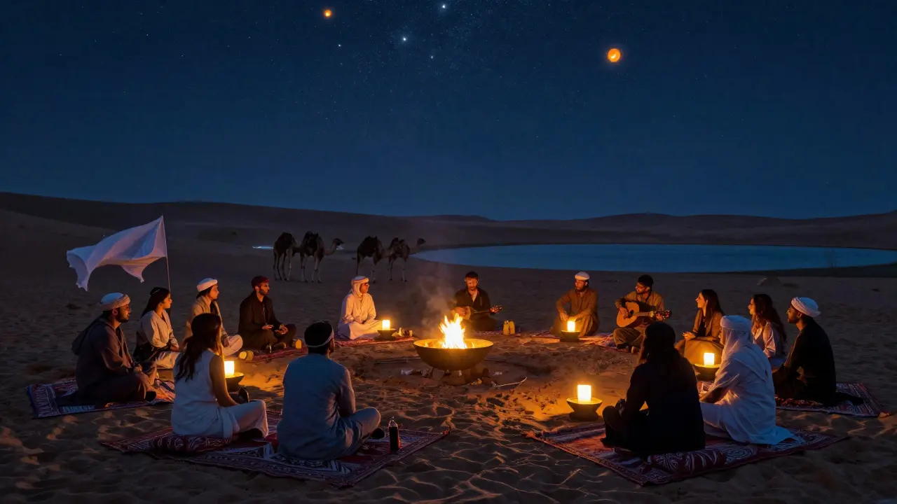 Desert night event with lanterns, fire pits, and live music under a starry sky.