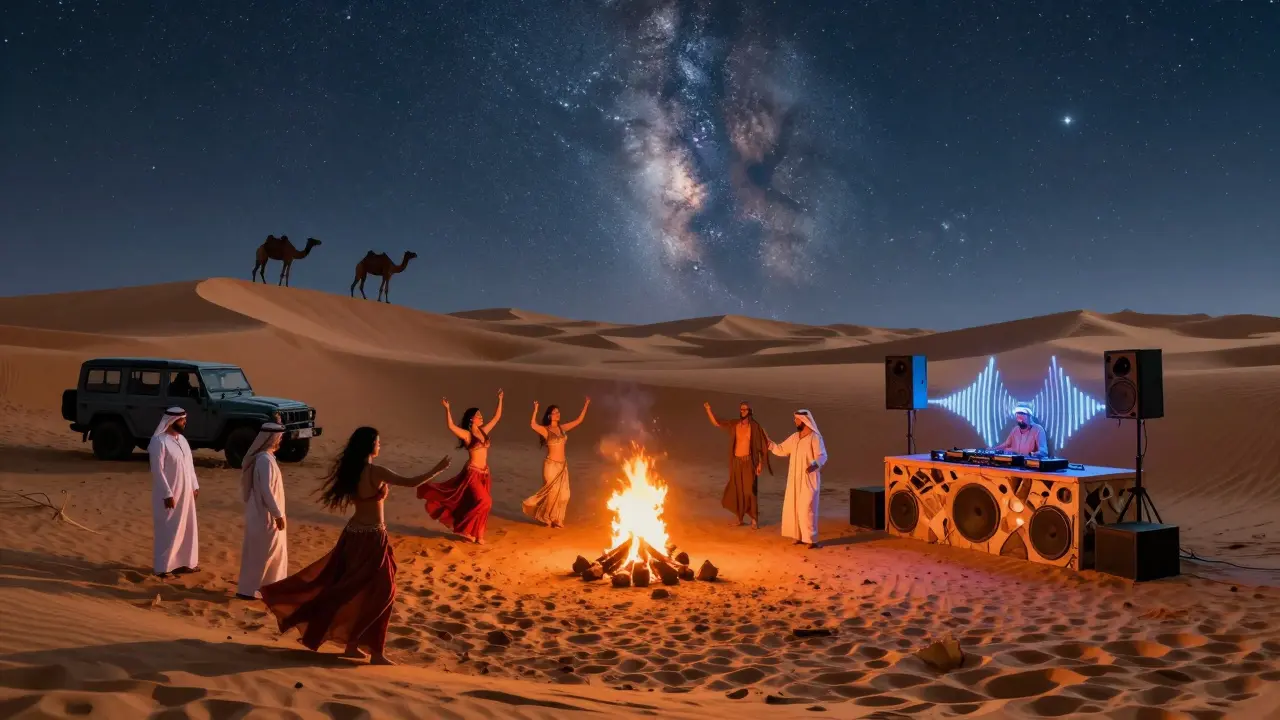 Desert party at night with bonfire, belly dancers, and DJs under a starry sky among golden dunes.