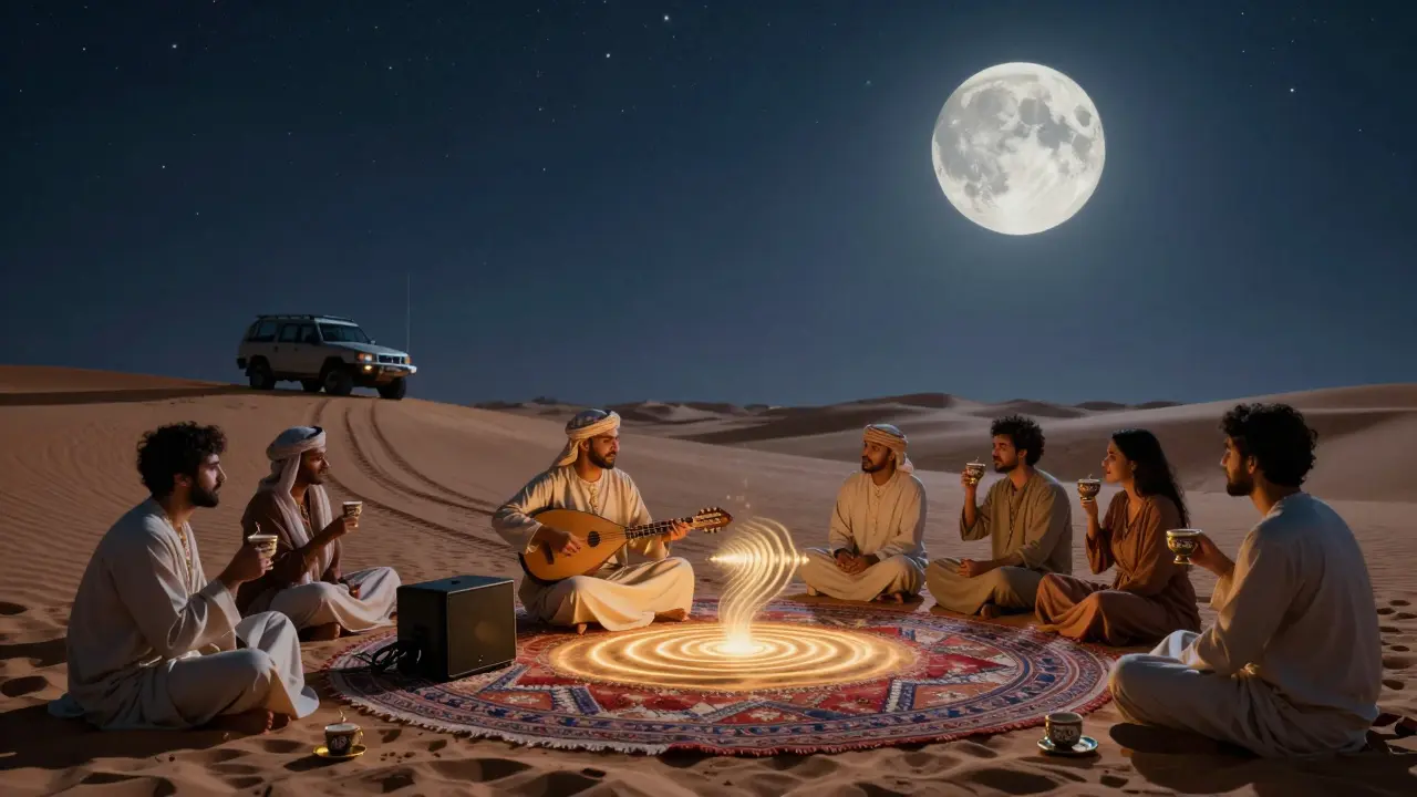 Desert party under a full moon with oud player, solar speaker, and guests drinking coffee amid dunes.
