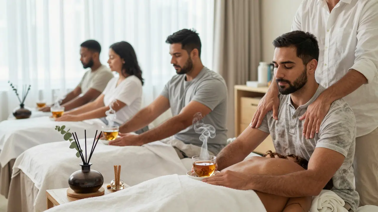 Diverse clients relaxing after massage in a serene lounge with herbal tea and aromatherapy diffusers in Dubai.