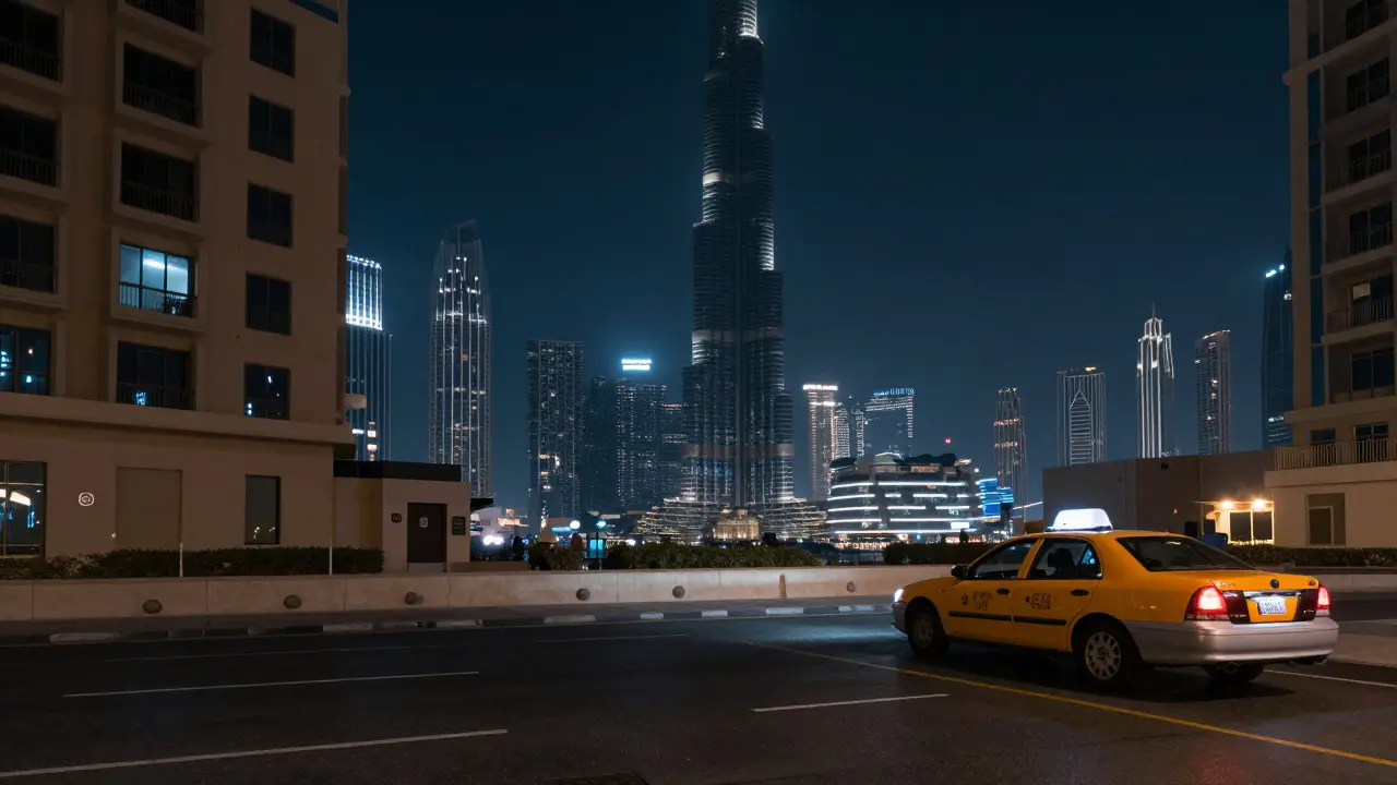 Dubai's skyline at midnight, a taxi leaving a high-rise building, emphasizing privacy and silence.
