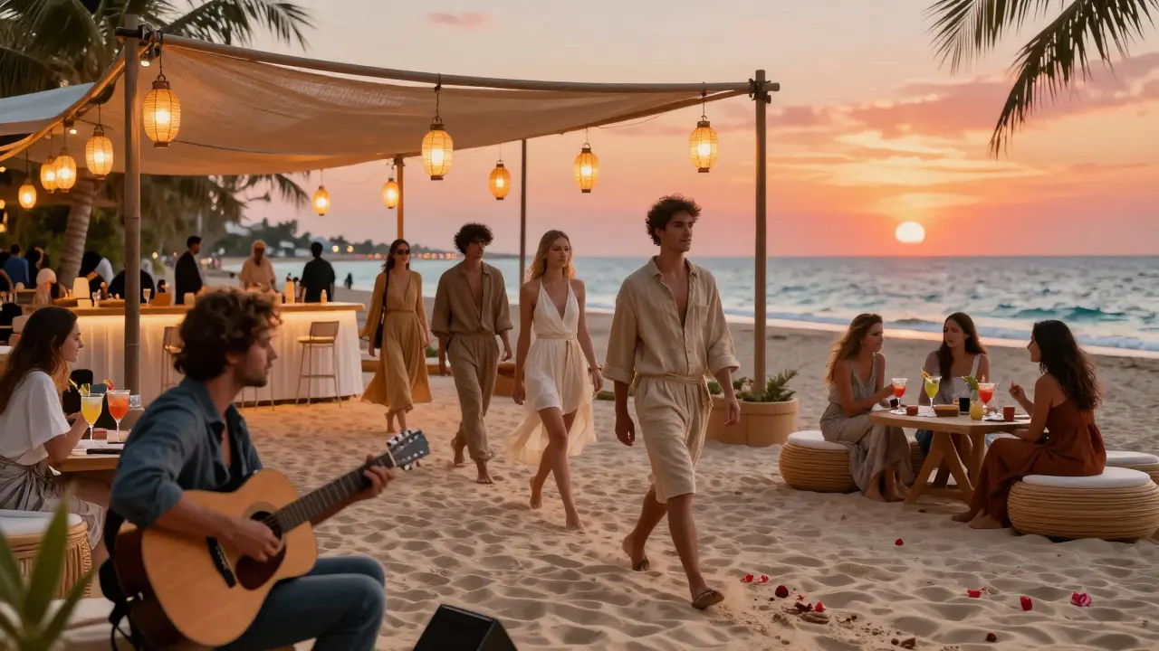 Fashion models walking a sand catwalk at a Dubai beach club under lanterns, with sunset and acoustic music in the background.