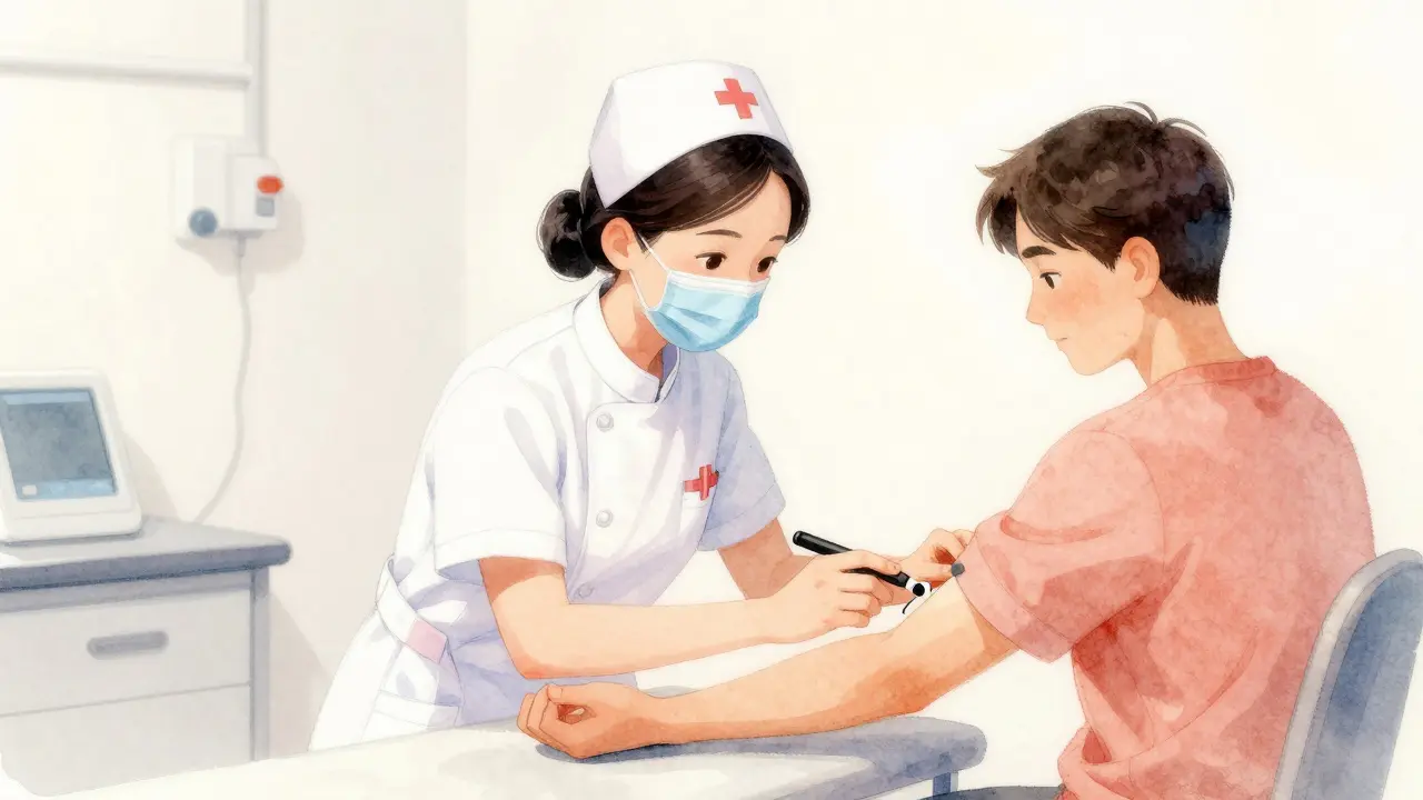 Nurse drawing blood sample in private testing room, gentle and professional.